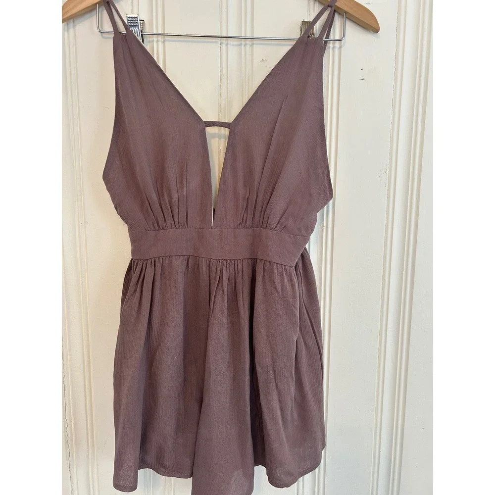 NWT Mahina Hawaii Romper Taupe Brown Deep V Neck Small Resort Vacation Boutique - Picture 2 of 10